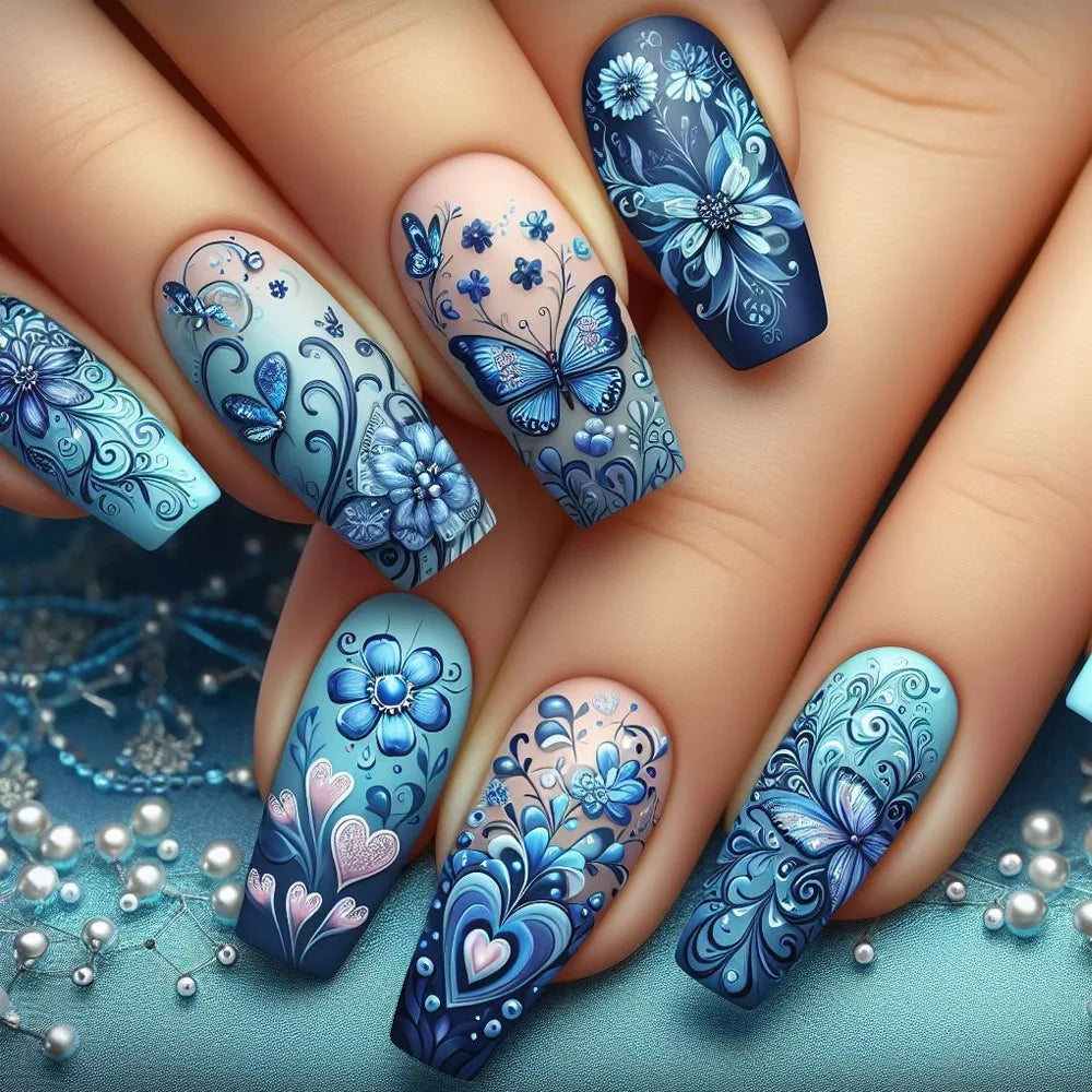 24Pcs Long Ballet Fake Nails with Blue Butterfly Design Gradient Dreamy Pink Purple Full Cover Nails Wearable Fake Nail Manicure