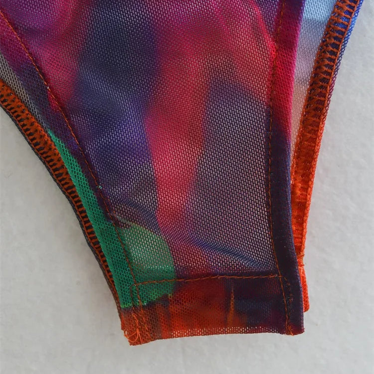 Zevity Women Vintage Ink Painting Graffiti Print Mesh Yarn Slim Bodysuits Ladies Sexy Perspective Playsuits Mujer Rompers LS2633