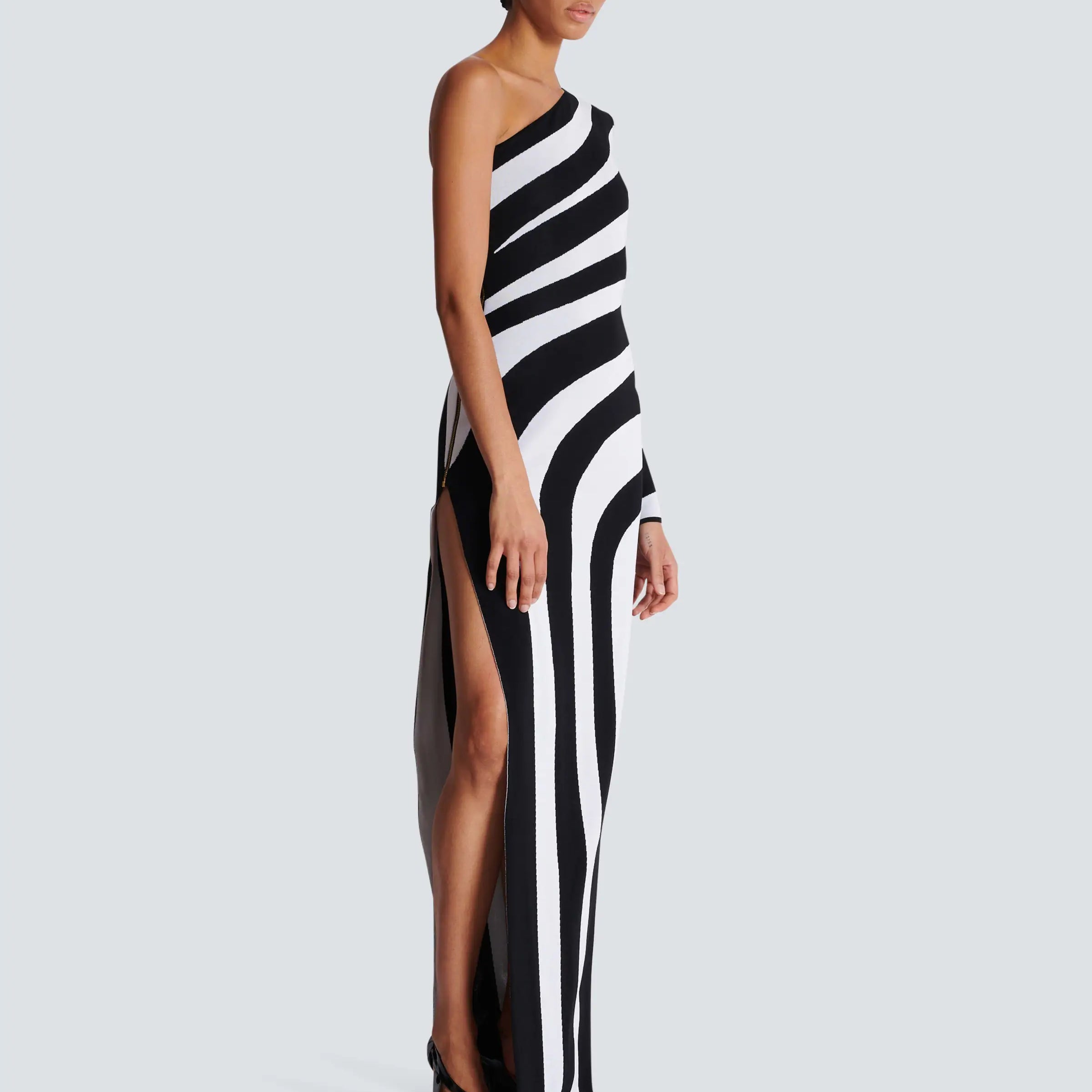 Women Sexy One Shoulder Striped High Split Bodycon Bandage Long Dress Celebrate Evening Party Red Carpet Outfit