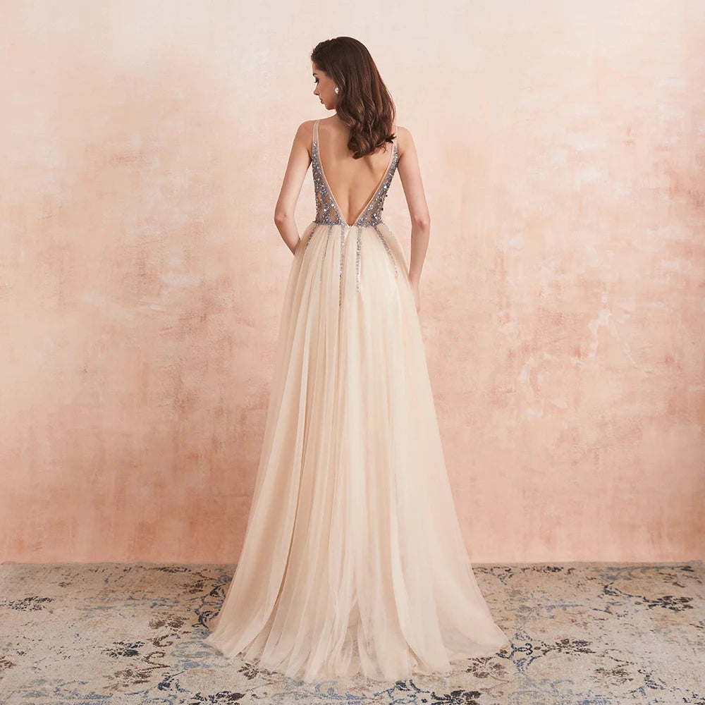 Sexy V Neck Evening Dresses for Women Champagne Crystal Beaded Beads Backless Formal Prom Gowns