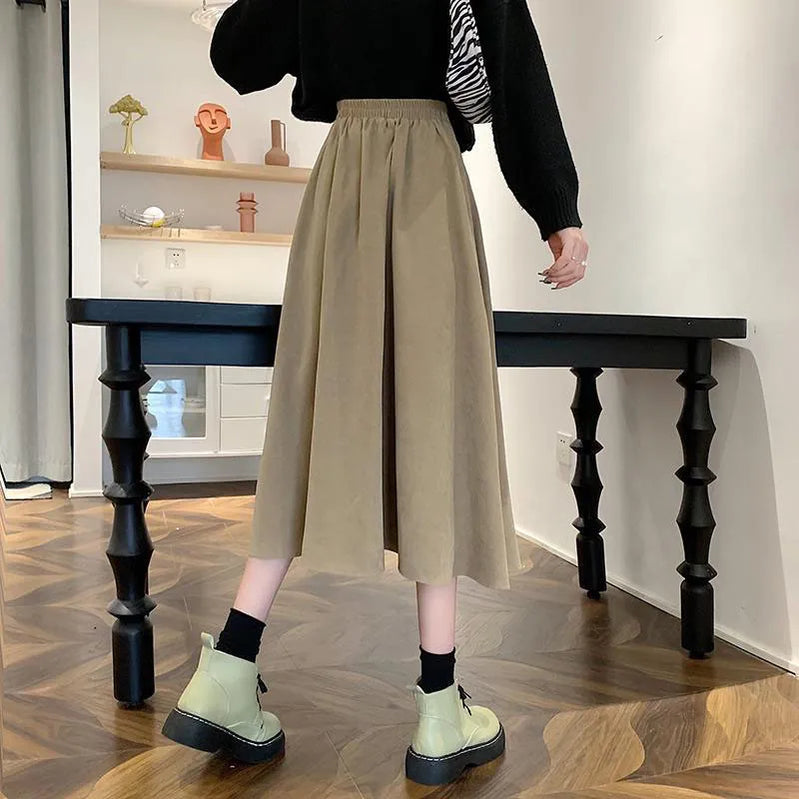 Vintage Brown High Waist Pleated Skirt Women Korean Fashion College Style Long Skirt Ladies Autumn Casual A line Skirts