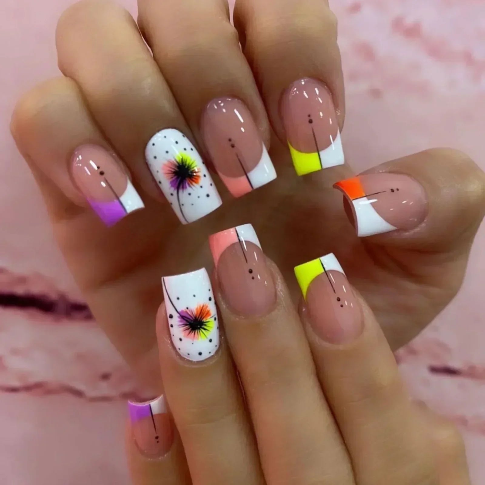 24Pcs Solid Black Short False Nails with Rose Pattern Design Ballerina Square Artificial Full Cover Press on Nail Tips for Girls