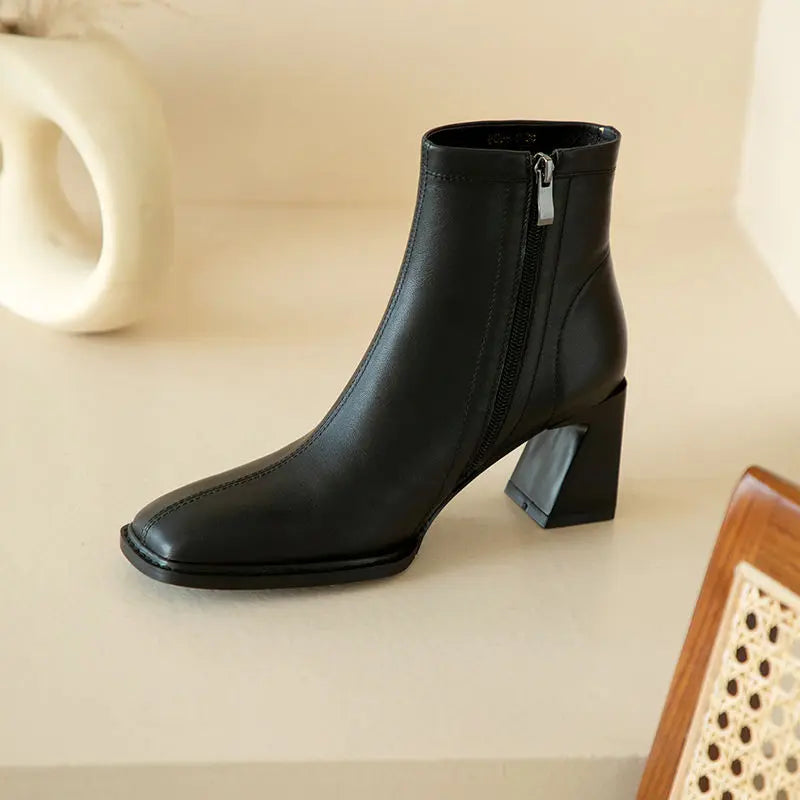 Women's Boots square Toe Slip-on Mid Heel Solid Color Mid-calf Ladies Boots Office Lady Concise Fashion Trend Ins Female Shoes black