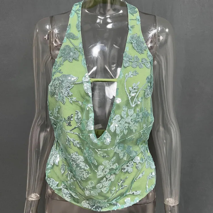 Blusas regata femininas sensuais com decote em V profundo e glitter, colete, pulôveres, verão, brilho, costas nuas, tops curtos, elegantes, tops de praia