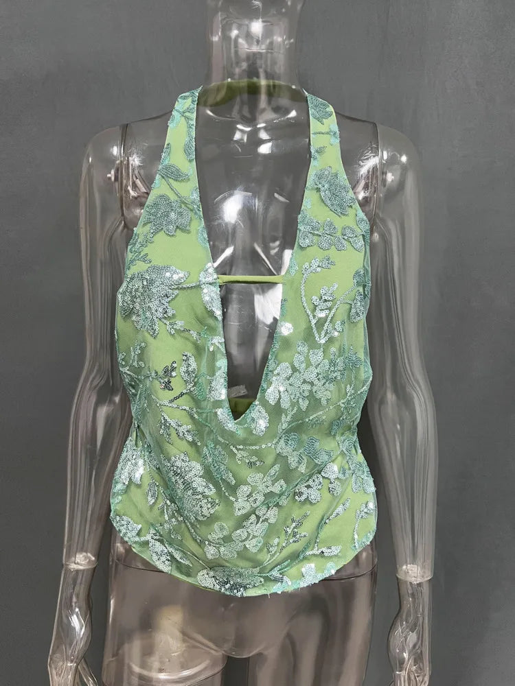 Blusas regata femininas sensuais com decote em V profundo e glitter, colete, pulôveres, verão, brilho, costas nuas, tops curtos, elegantes, tops de praia