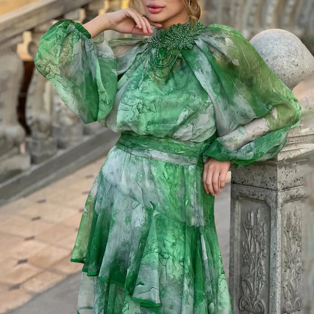 TWOTWINSTYLE Hit Color Sheer Spliced 3D Flower Dresses for Women Round Neck Long Sleeves Patchwork Ruffles Folds Dress Female