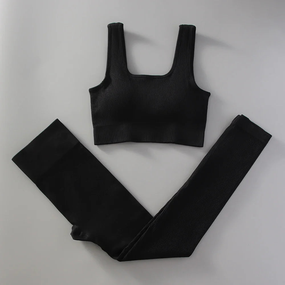 2Pcs White Yoga Clothing Sets Women High Waist Leggings Set Seamless Tracksuit Fitness Workout Outfits Gym Wear Girls Top black CHINA