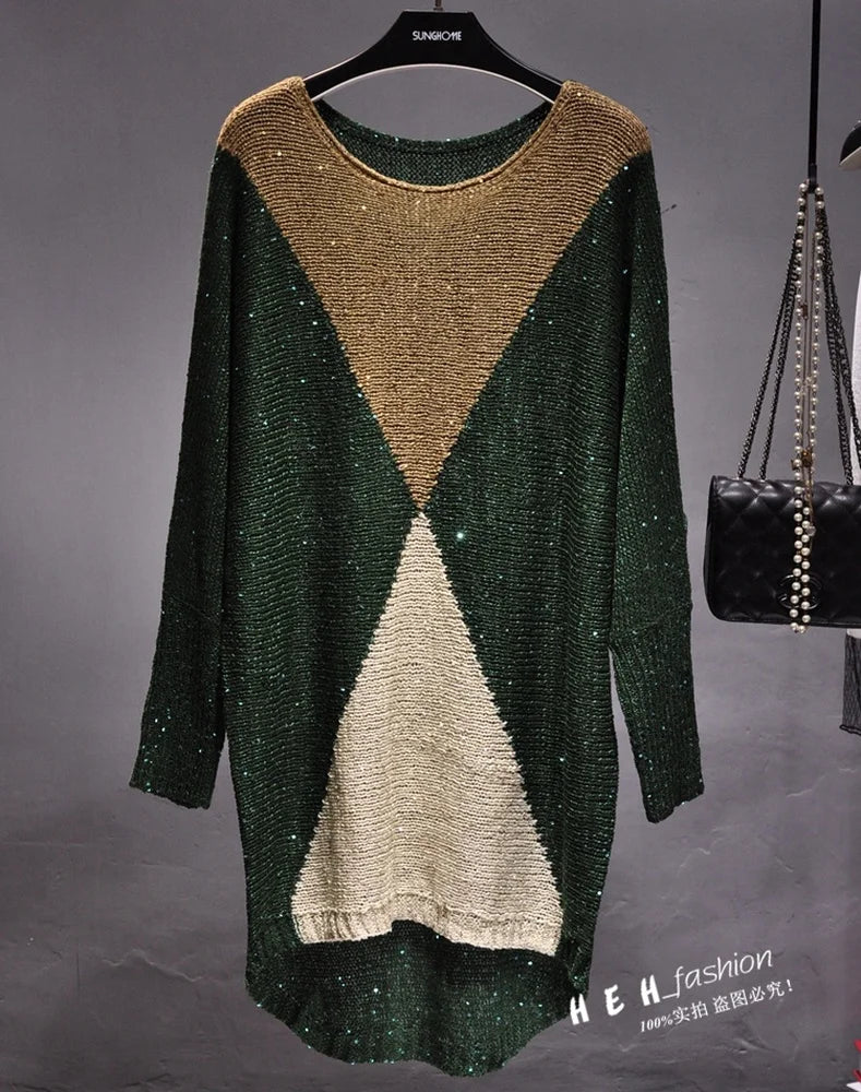 The European Fashion Women Long Breeze Light Film Loose Sweater Knit Knitted Sequined Patchwork Sweaters for Women green One Size