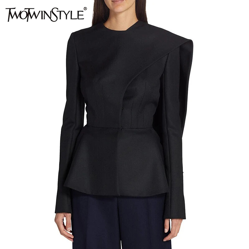 TWOTWINSTYLE Solid Asymmetrical Blazers For Women Round Neck Long Sleeve Tunic Minimalist Blazer Female Fashion Style Clothes