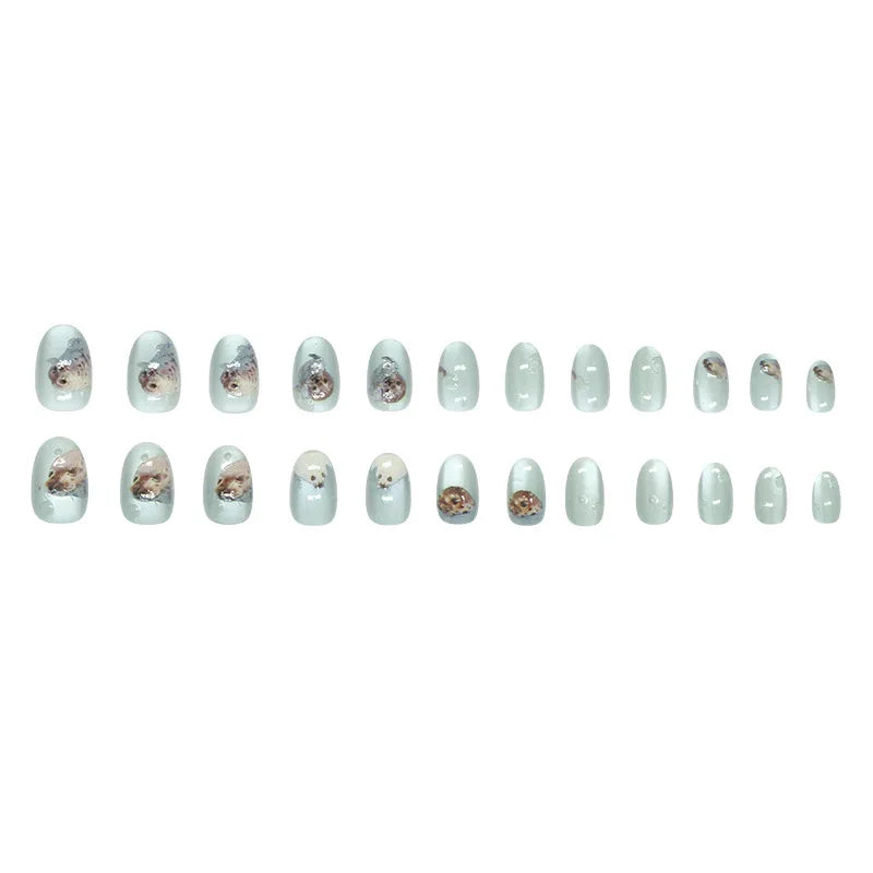 24pcs Cat's Eye Summer Ocean Cute Seal Press on Nails Short Manicure Wearable Nail for Women and Girls False Nail