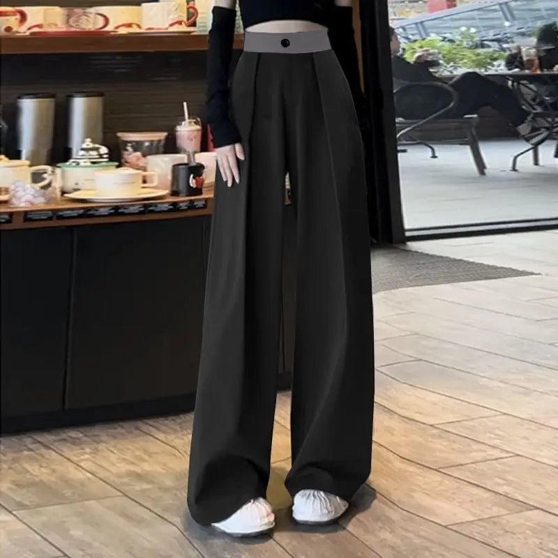 Women Pleating Pantalons Korean High Waist Pants Vintage Wide Leg Long Trouser Casual Loose Colorblock Streetwear Pants black