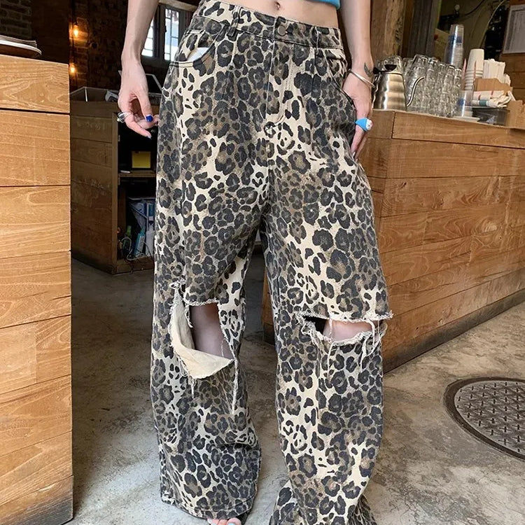 TWOTWINSTYLE Colorblock  Leopard Hollow Out Denim Pants For Women High Waist Spliced Pocket Wide Leg Jeans Female Fashion New