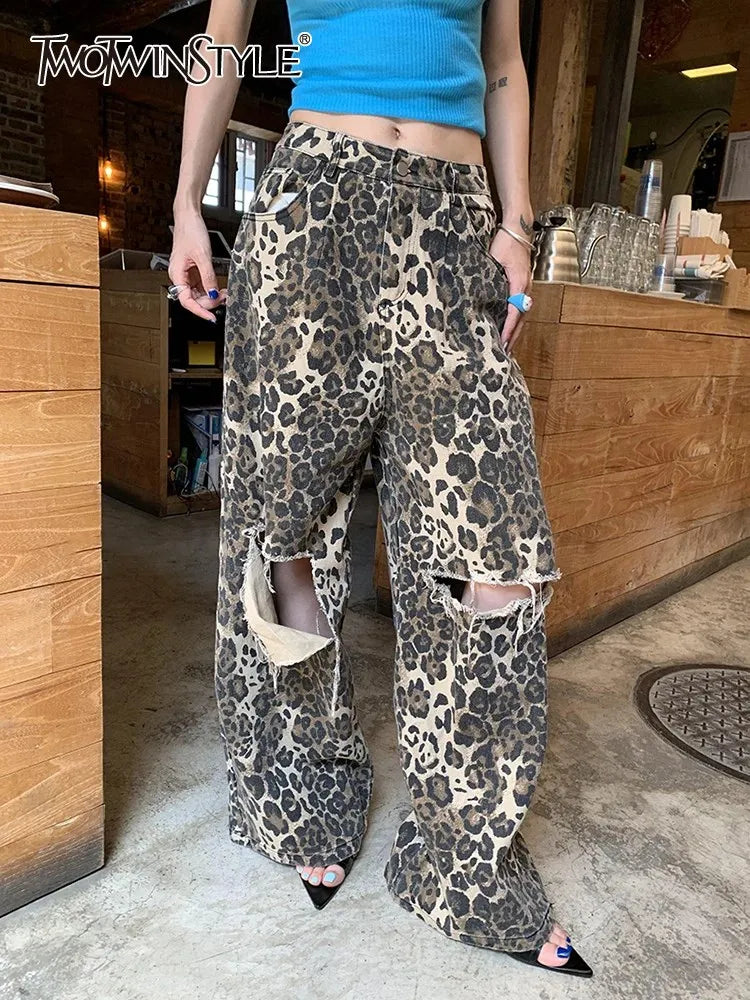 TWOTWINSTYLE Colorblock Leopard Hollow Out Denim Pants For Women High Waist Spliced Pocket Wide Leg Jeans Female Fashion New