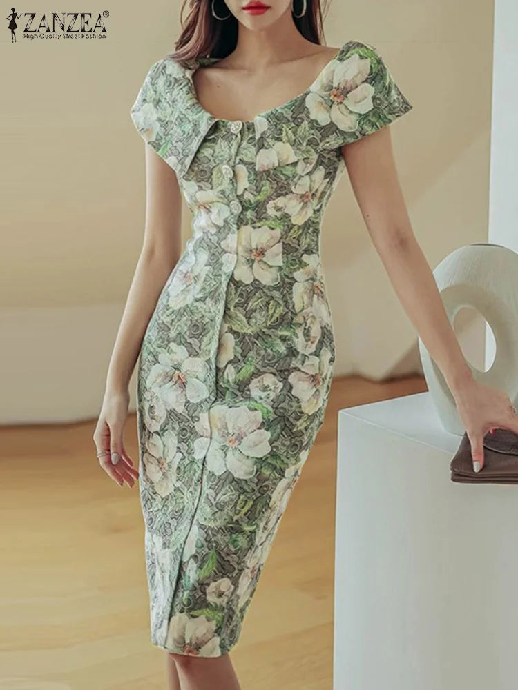 ZANZEA Summer Slimming Sundress Elegant Wrap Hips Dress Women Ruffle Flower Printed Mini Dress Holiday Short Sleeve Buttons Robe