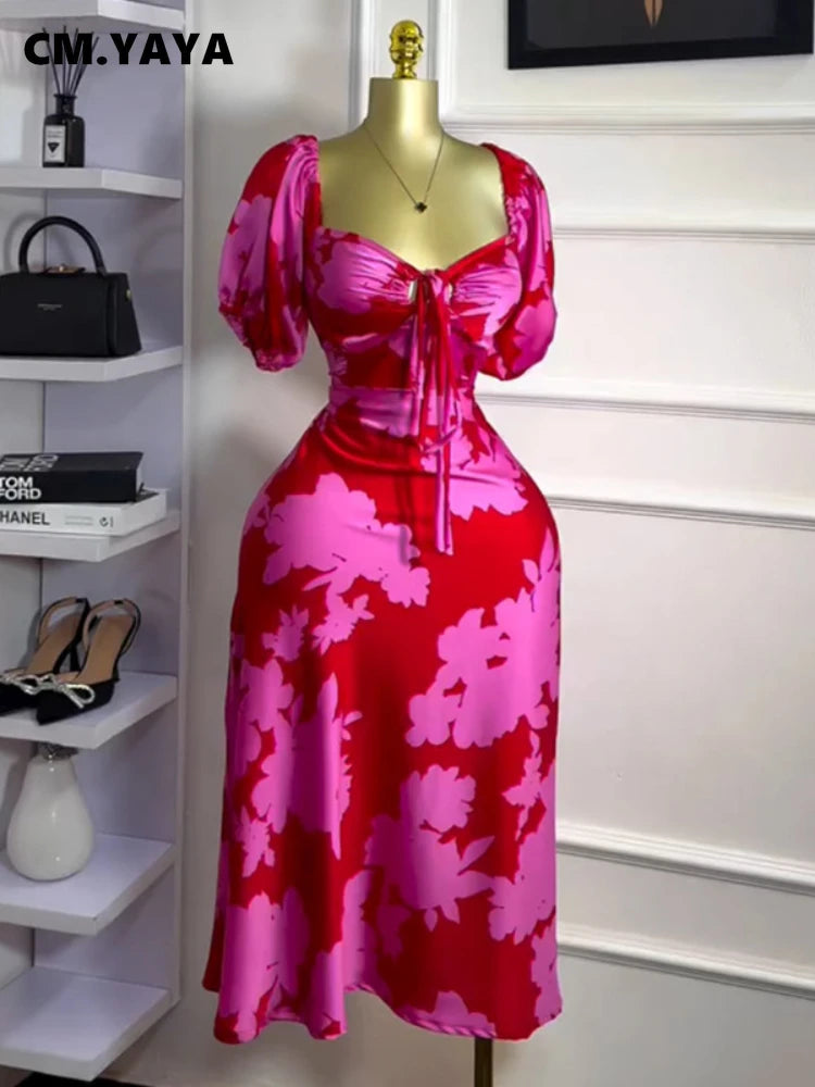 CM.YAYA Women Floral Printed Lantern Half Sleeve Tie Up Long Maxi Dress 2025 Birthday Evening Sexy club Party Dresses Vestidos