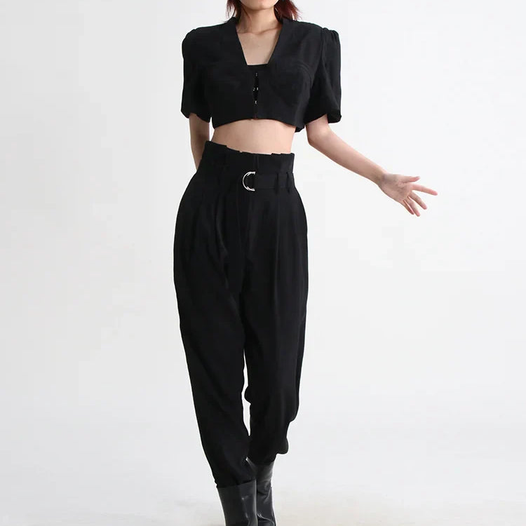 VGH Slim Two Piece Sets For Women V Neck Short Sleeve Crop Tops High Waist Spliceed Belt Wide Leg Pants Casual Set Female 2023
