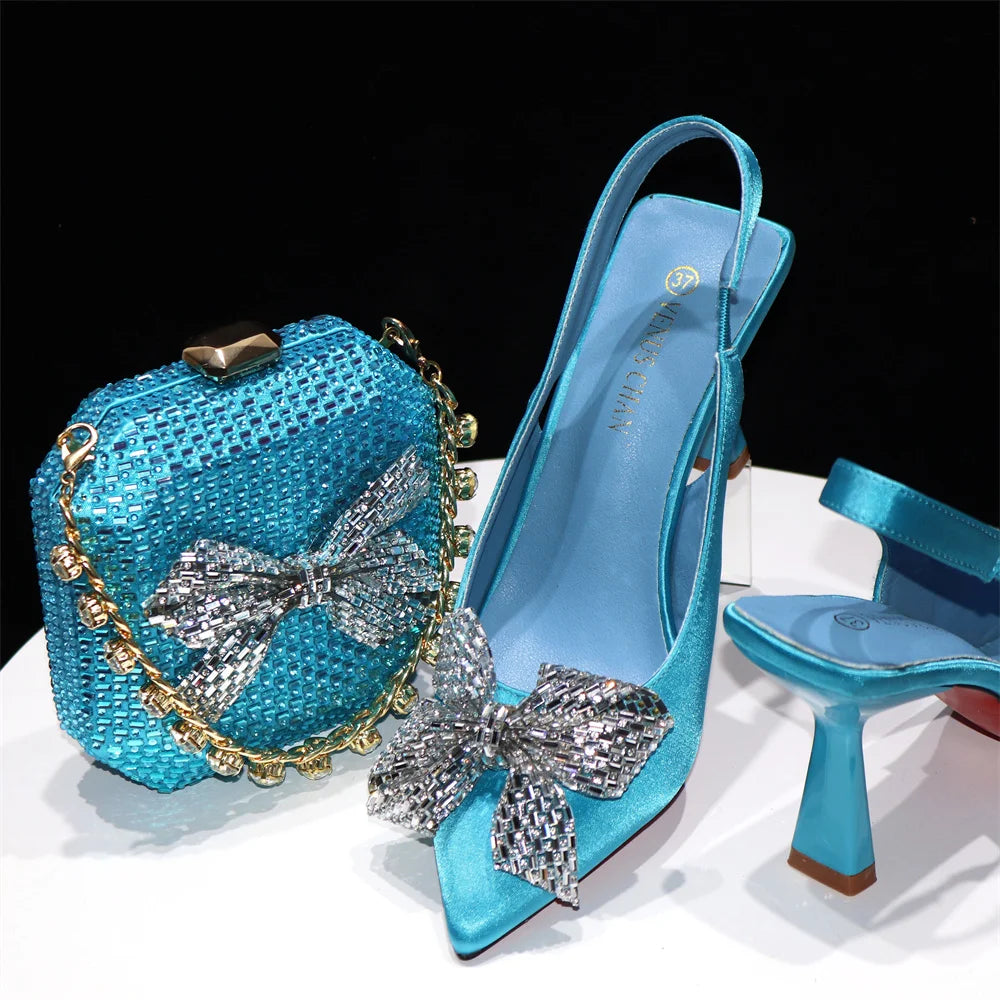 2024 High Quality Rhinestones Design Ladies Shoes Matching Bag Set in Fuchsia Color For Party SKY BLUE