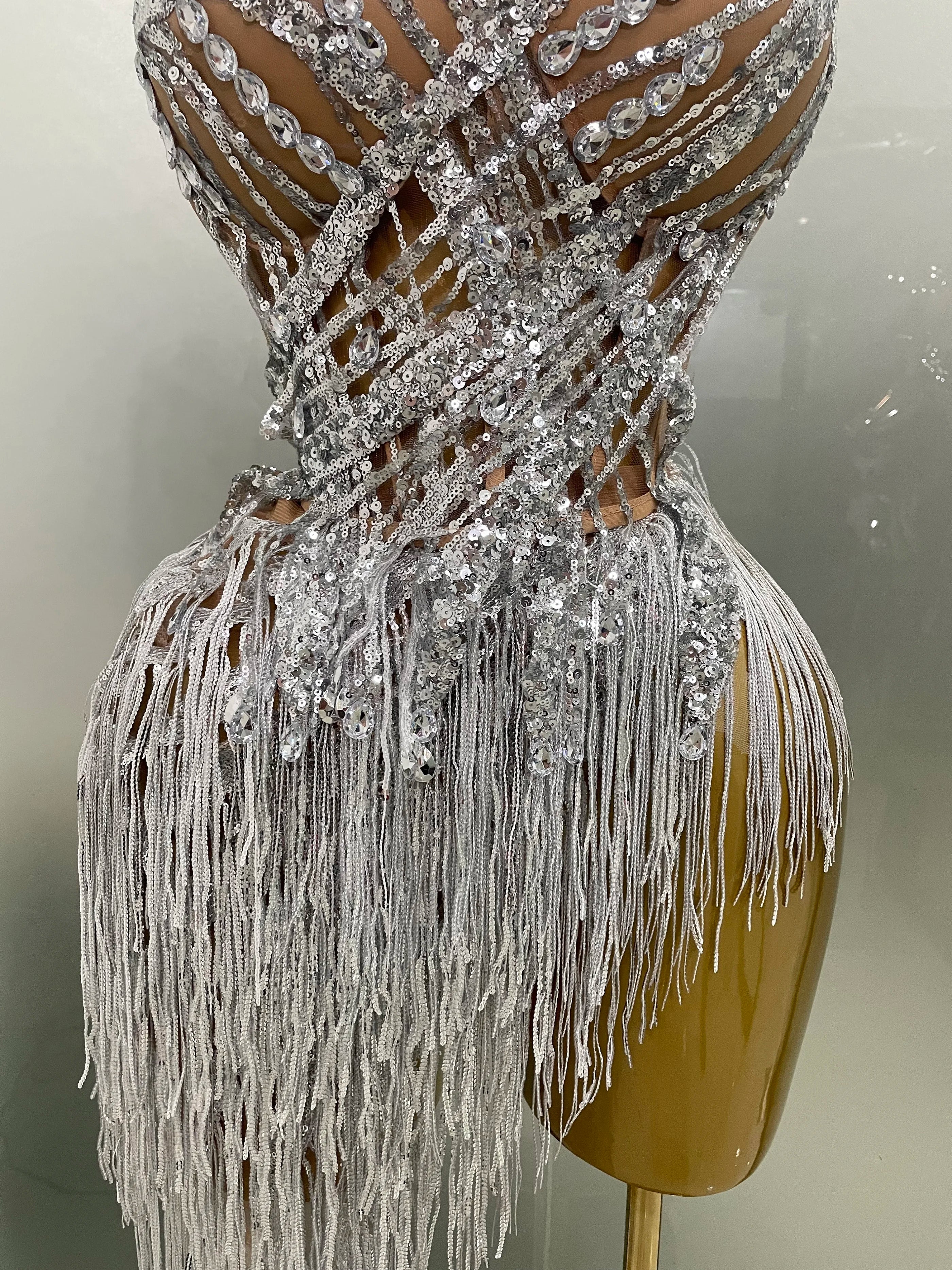 2025 New Sparkly Rhinestone Sequin Tassel Sexy Mini Skirt Two Pieces Set Women Birthday Celebrate Party Nightclub Stage Costume