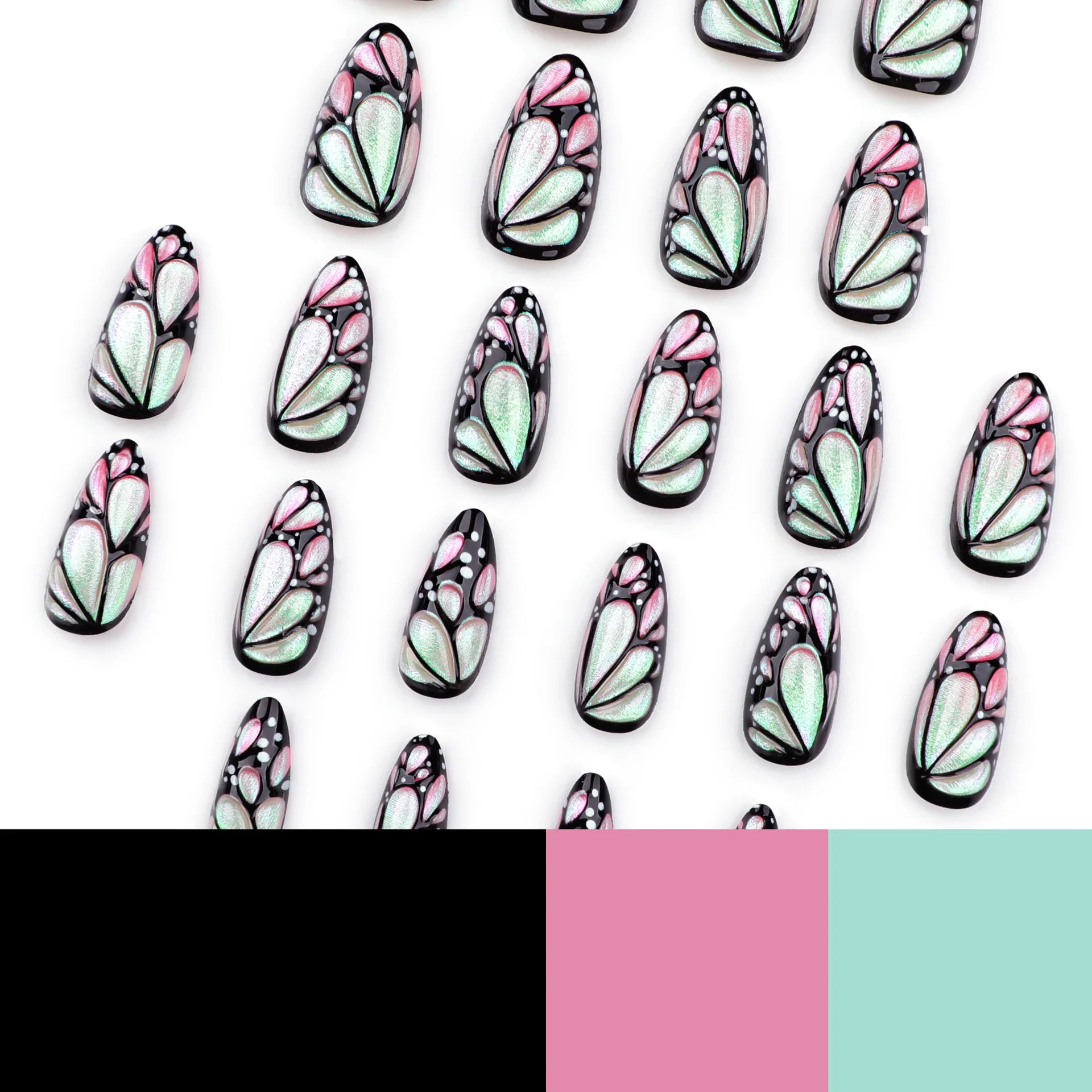 24pcs/Sets Color Pearl Powder Butterfly Press on Nails Short Almond Fake Nails Detachabe Tips Simple Wearable False Nail Set