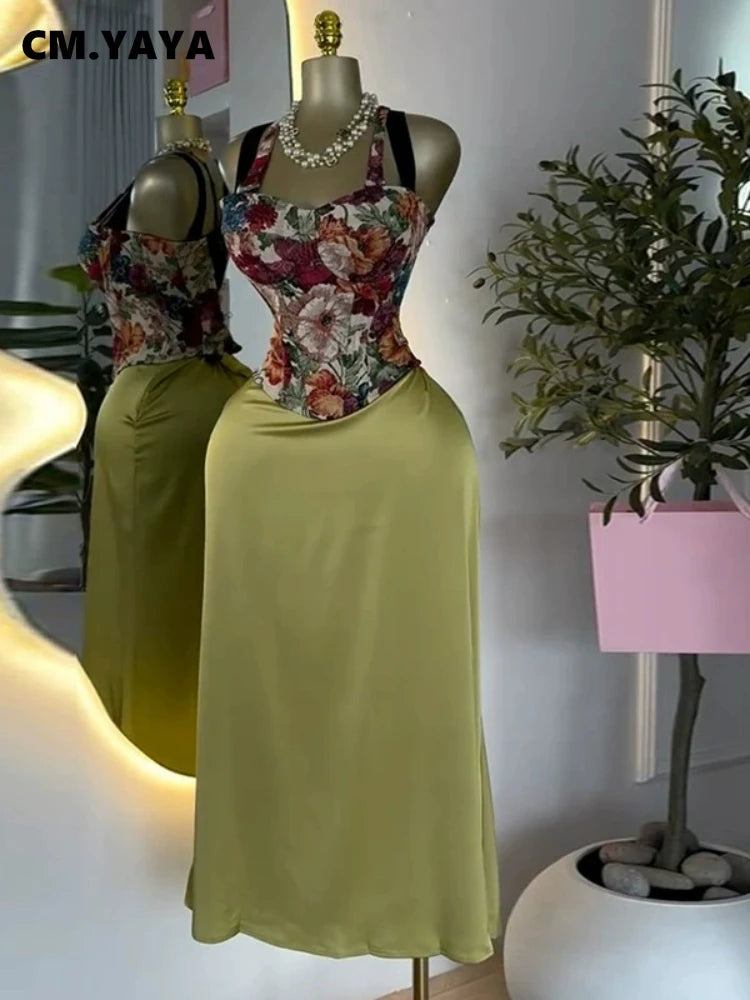 CM.YAYA Women's Dress Set Print Bow Corset Top and Maxi Long Skirt Suit 2025 Summer Elegant Evening Two 2 Piece Set Outfits