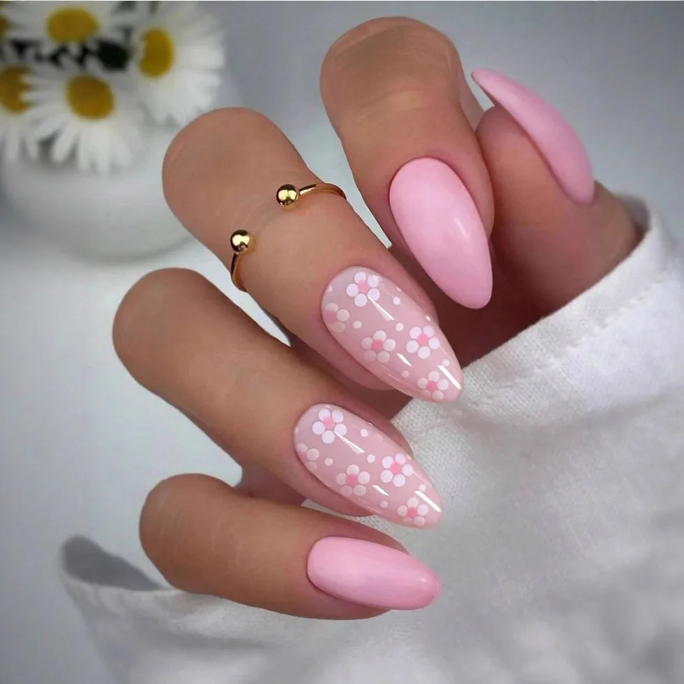 24Pcs Mid-length Almond False Nails with Red Pink Dot Design Press on Fake Nails for Woman Detachable Full Cover Nails Tips Art