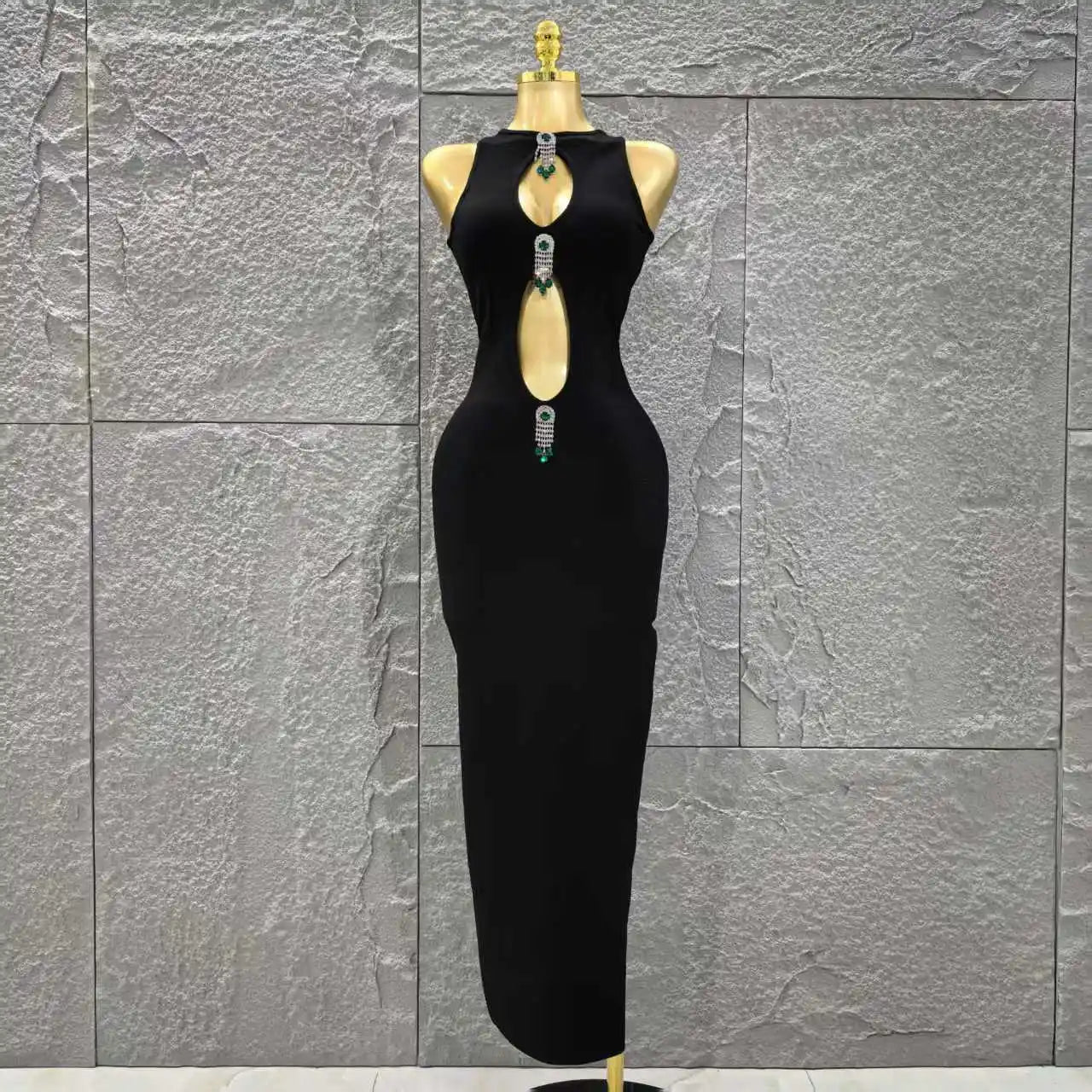 Top Quality Women Sleeveless Sexy Keyholes Shinning Diamond Bodycon Long Bandage Dress Evening Party Celebrate Cocktail Dress