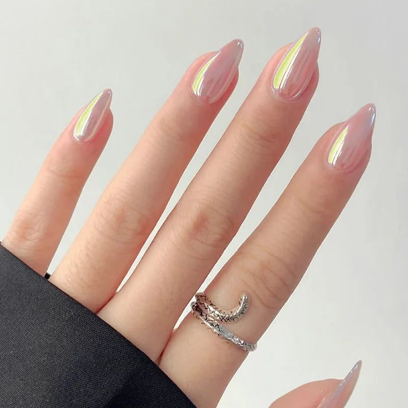24Pcs Simple Nude Pink Solid Nail Art Set with Jelly Glue Short Oval Fake Nails Aurora Flash Almond Sweet Wearable Nail Stickers