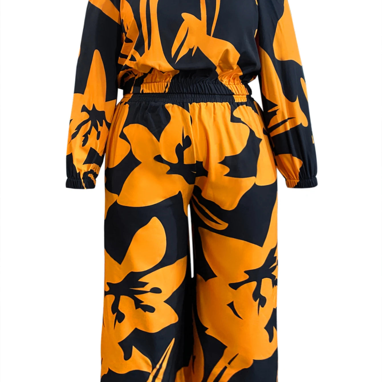 LW Plus Size Elegant Two pieces sets Off The Shoulder Floral Print Pants Set long sleeve color contrast Top + loose pants sets