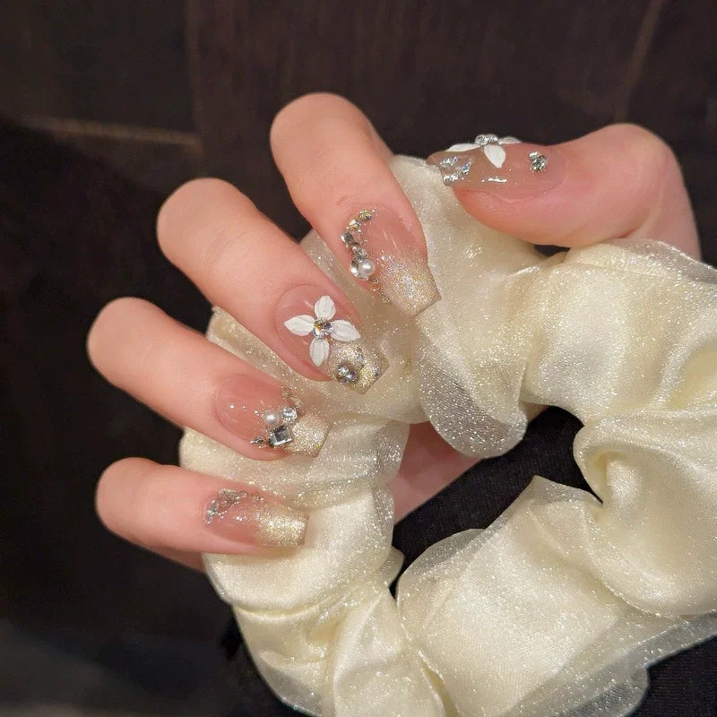 10Pcs Handmade Short Ballet Lovely Cat Eye Designs Nail Stickers with Rhinestone Sweet Manicure Wearing Acrylic Nails for Girls