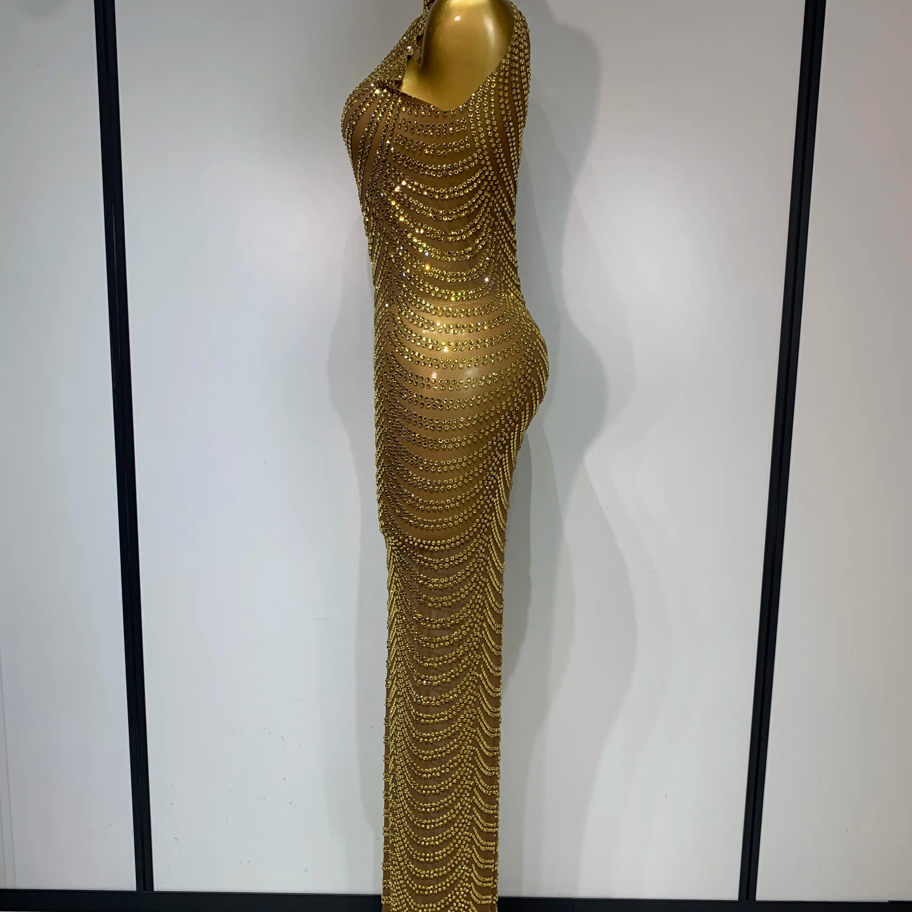 Women Sexy Sparkly Rhinestone Gold Maxi Dress Mesh See Through Evening Party Singer Stage Perform Costume Luxury Birthday Gown