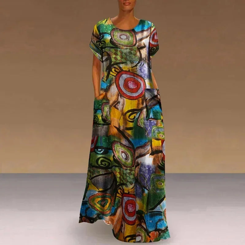 New Short Sleeve Long Retro Print Dress Pocket Large Casual Dress 2121-7