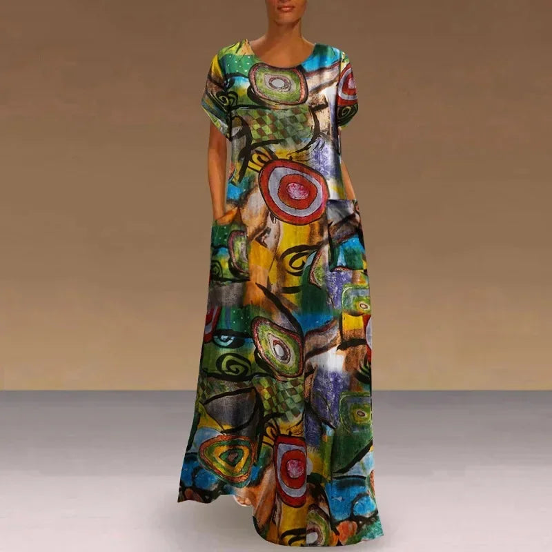 New Short Sleeve Long Retro Print Dress Pocket Large Casual Dress 2121-7
