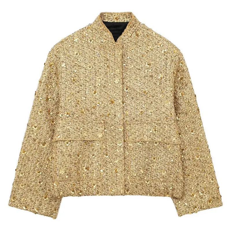 Autumn Coat For Women Fashion Gold Sequin Stand Collar Long Sleeve Loose short Jacket Woman With Pleats Female Coats Gold(Sequins)