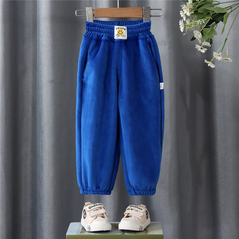 Winter Boys Thick Pants Kids Plus Velvet Warm Trousers Children Padded Cotton Long Pants Autumn Casual Sports Pants 2-12Y Blue