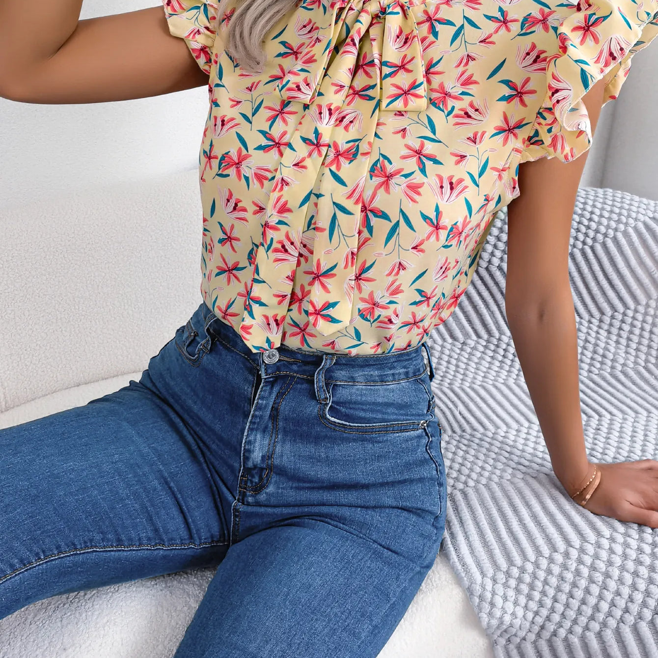 Women Casual Floral Print Bow Ruffles Chiffon Blouse Summer Top