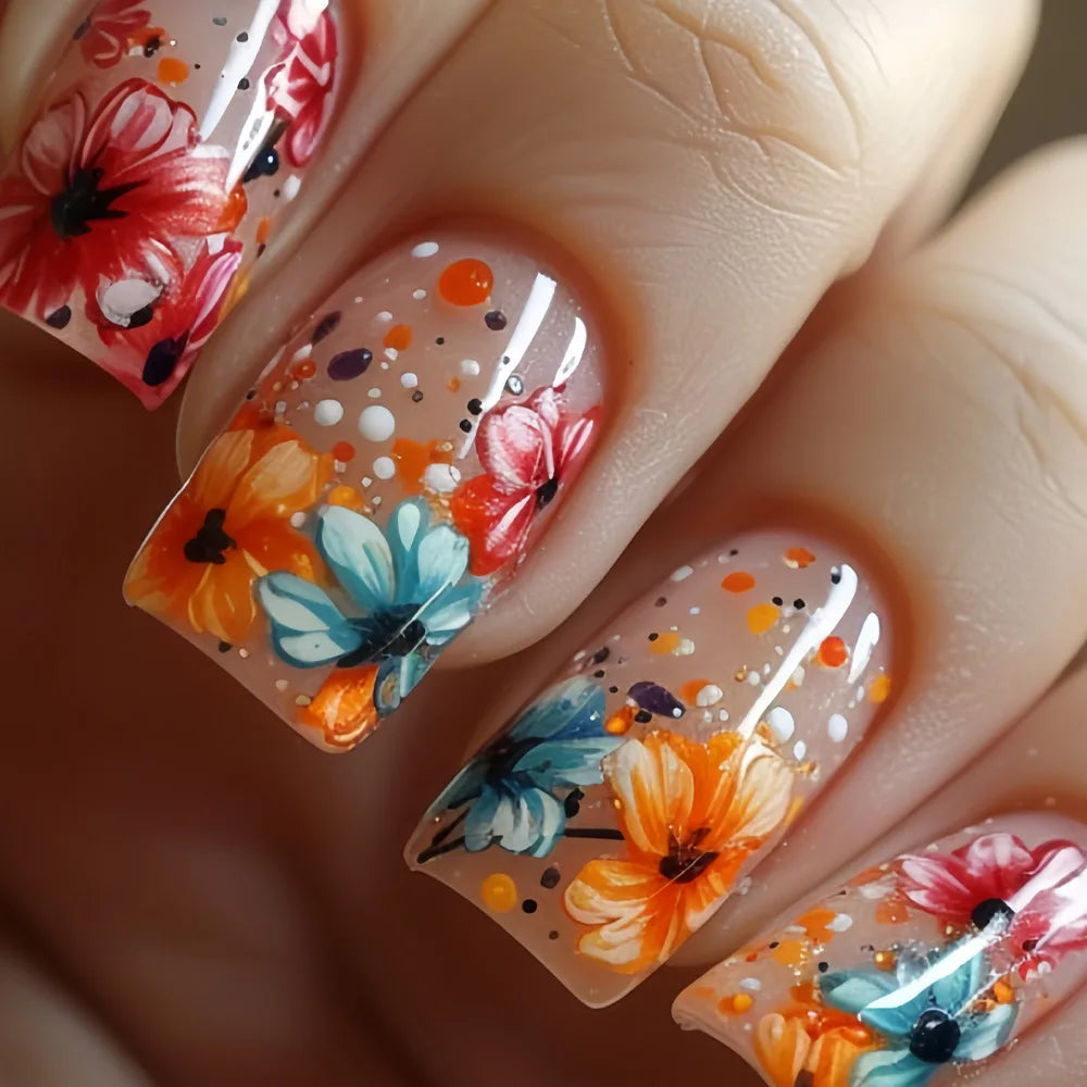 24pcs/set Medium long fake nails Gradient blue ocean fish sun flowers butterfly square ballet summer tips press on false nail