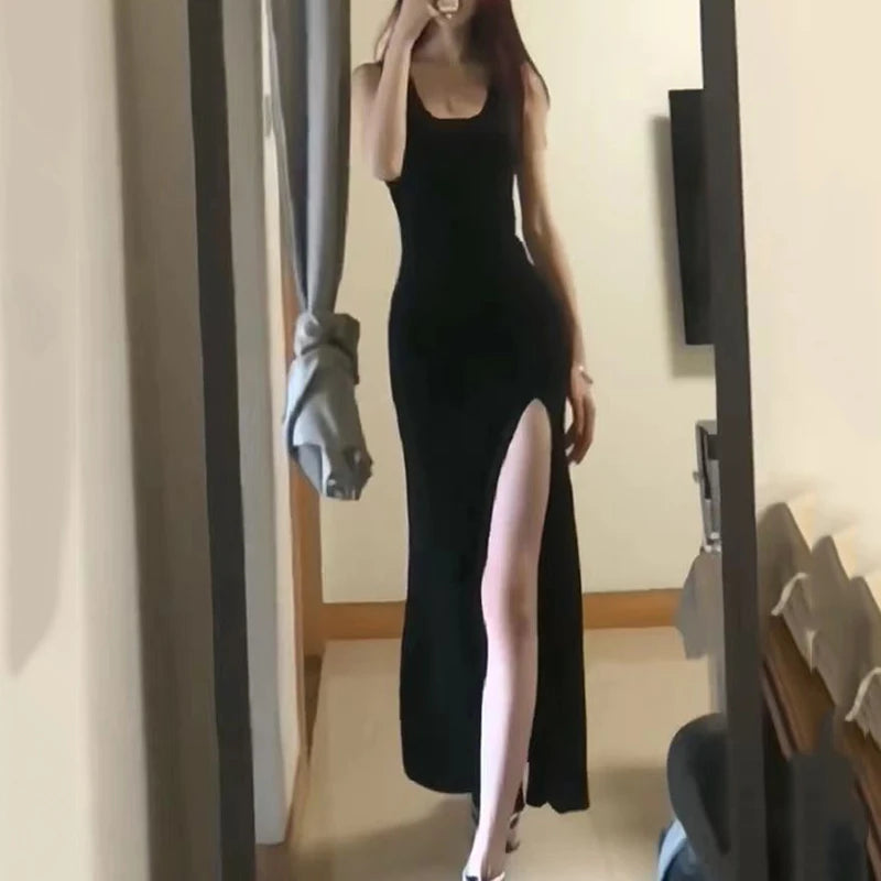 Sexy High Split Spaghetti Strap Dress Women Summer Black Bodycon Dresses Woman Sleeveless Party Long Dress Ladies