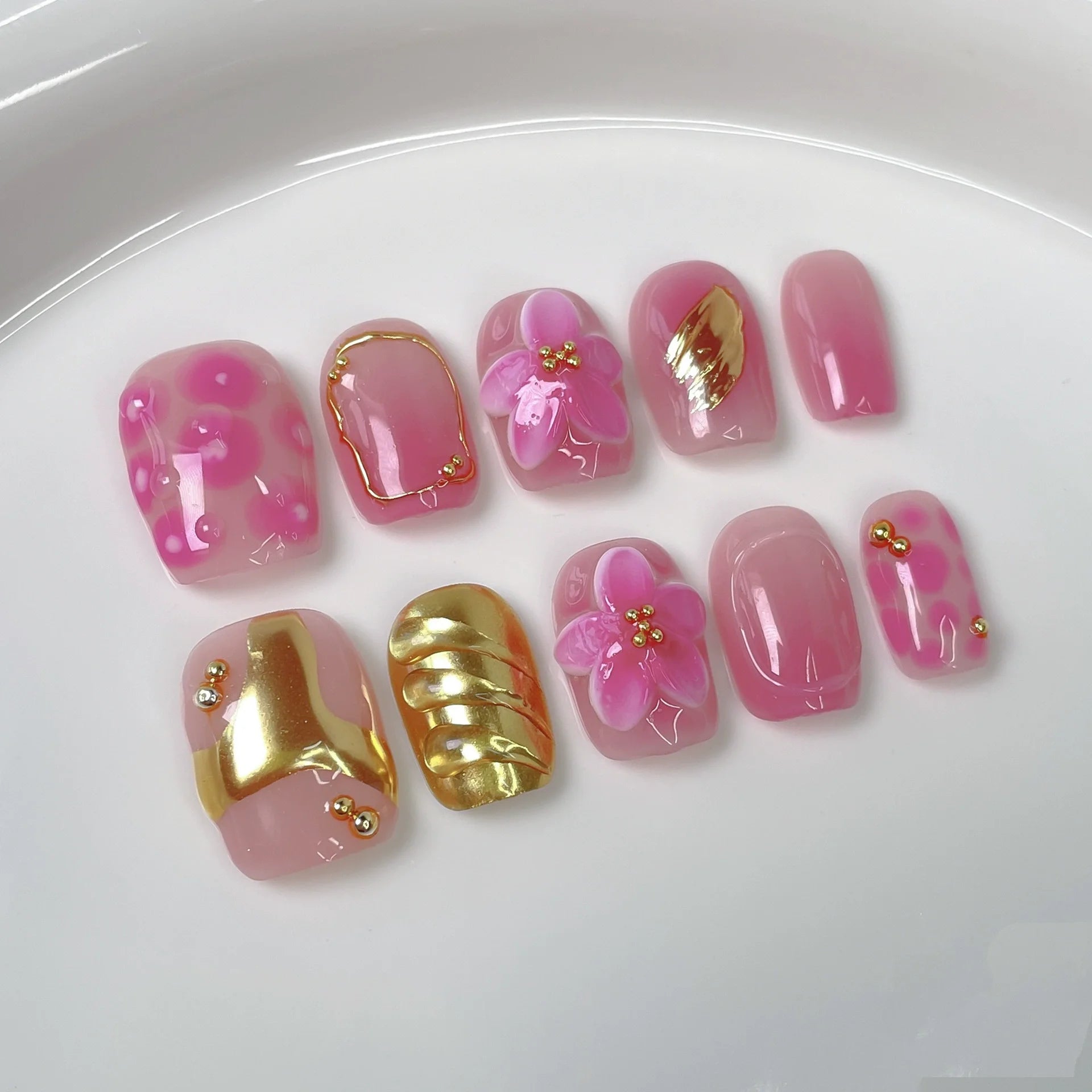 10Pcs Floral Pink Blue Gradient Design Manicure Sweet 3D Flowers Short False Nails Set Detachable Ballerina Full Cover Press Ons