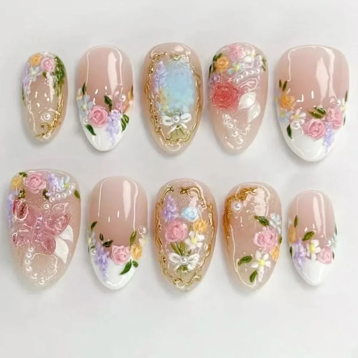 24Pcs White French Full Cover Fake Nail Tips with Pearl Reusable Short Almond False Nails Colorful Flowers Design Press on Nails
