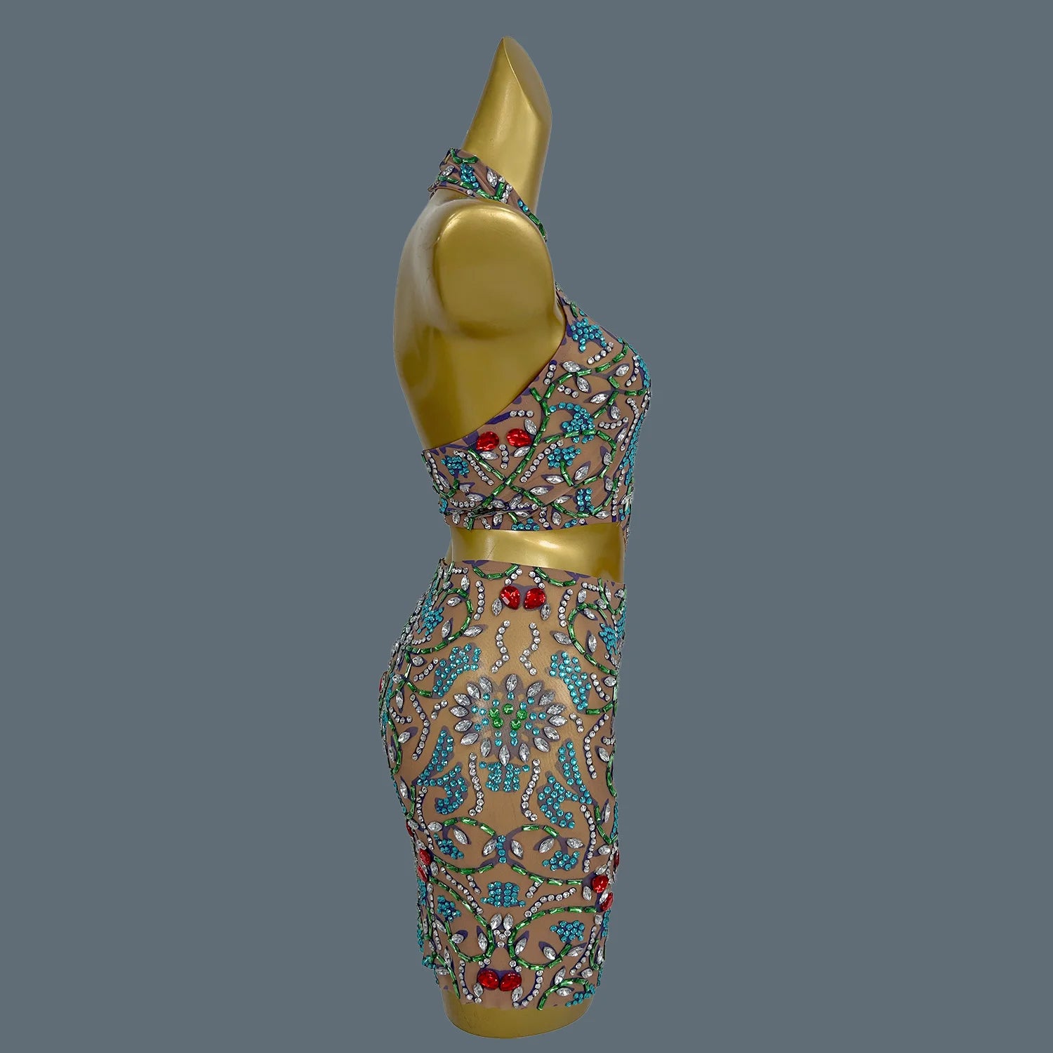 Sparkly Diamond Sexy Crop Top Skirt Set Backless DJ Club Stage Show Two Piece Sets Women Outfit Nightclub Party Dress Huacong