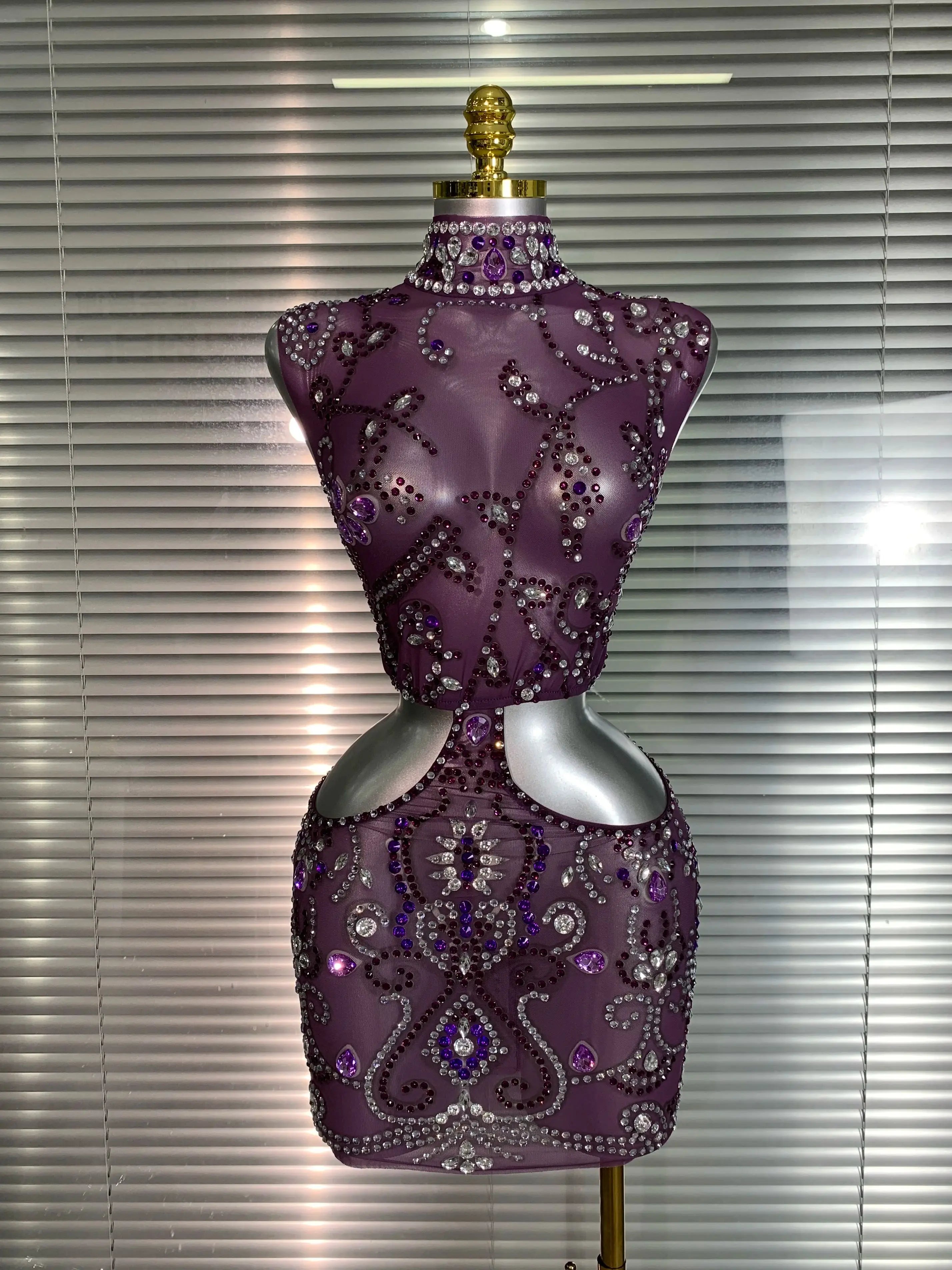 Women Sexy Mesh Crystal Diamonds Mini Purple Performance Costume Stage Dancer See Through Stretchy Night Club Party Dress