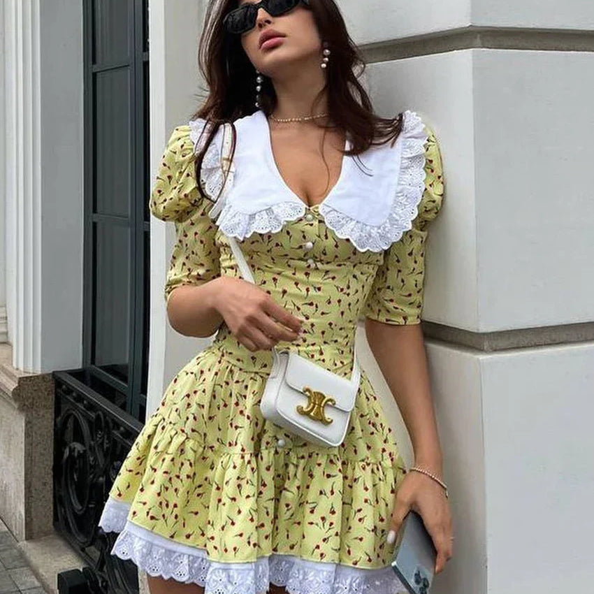 Clacive Summer Slim Print Women'S Dress Bodycon Doll Collar Short Sleeve Mini Dresses Elegant Lace Patchwork Female Dress Yellow CN