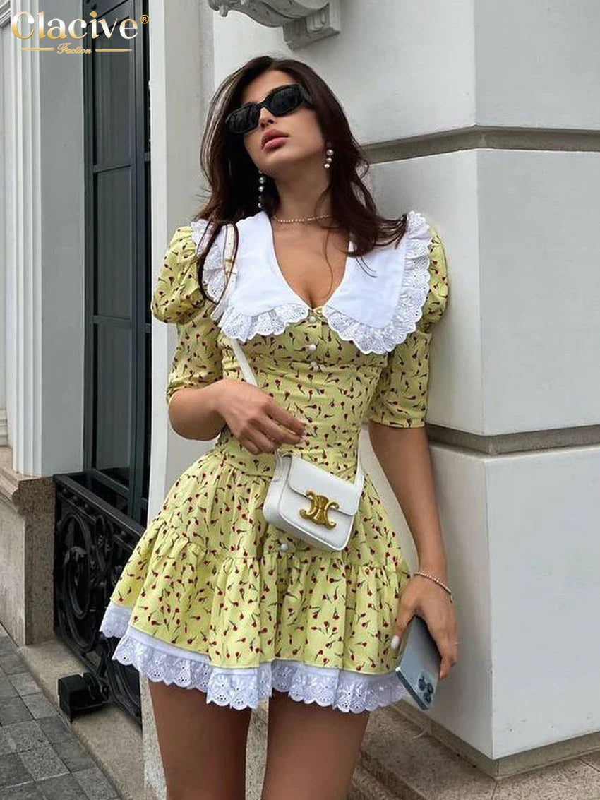Clacive Summer Slim Print Women'S Dress Bodycon Doll Collar Short Sleeve Mini Dresses Elegant Lace Patchwork Female Dress Yellow CN