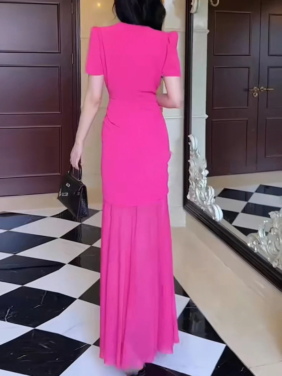 TWOTWINSTYLE Hit Color Spliced 3D Flower Elegant Dresses for Women Round Neck Short Sleeves Patchwork Folds Sheer Dress Female