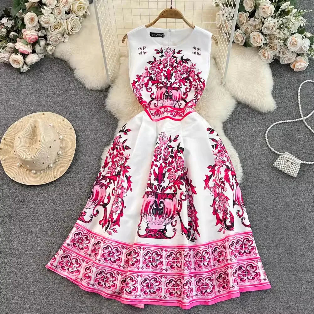 Summer Vintage Blue And White Porcelain Dresses Women's Sleeveless O Neck Tank Flower Print Vest Midi Long Party Vestidos