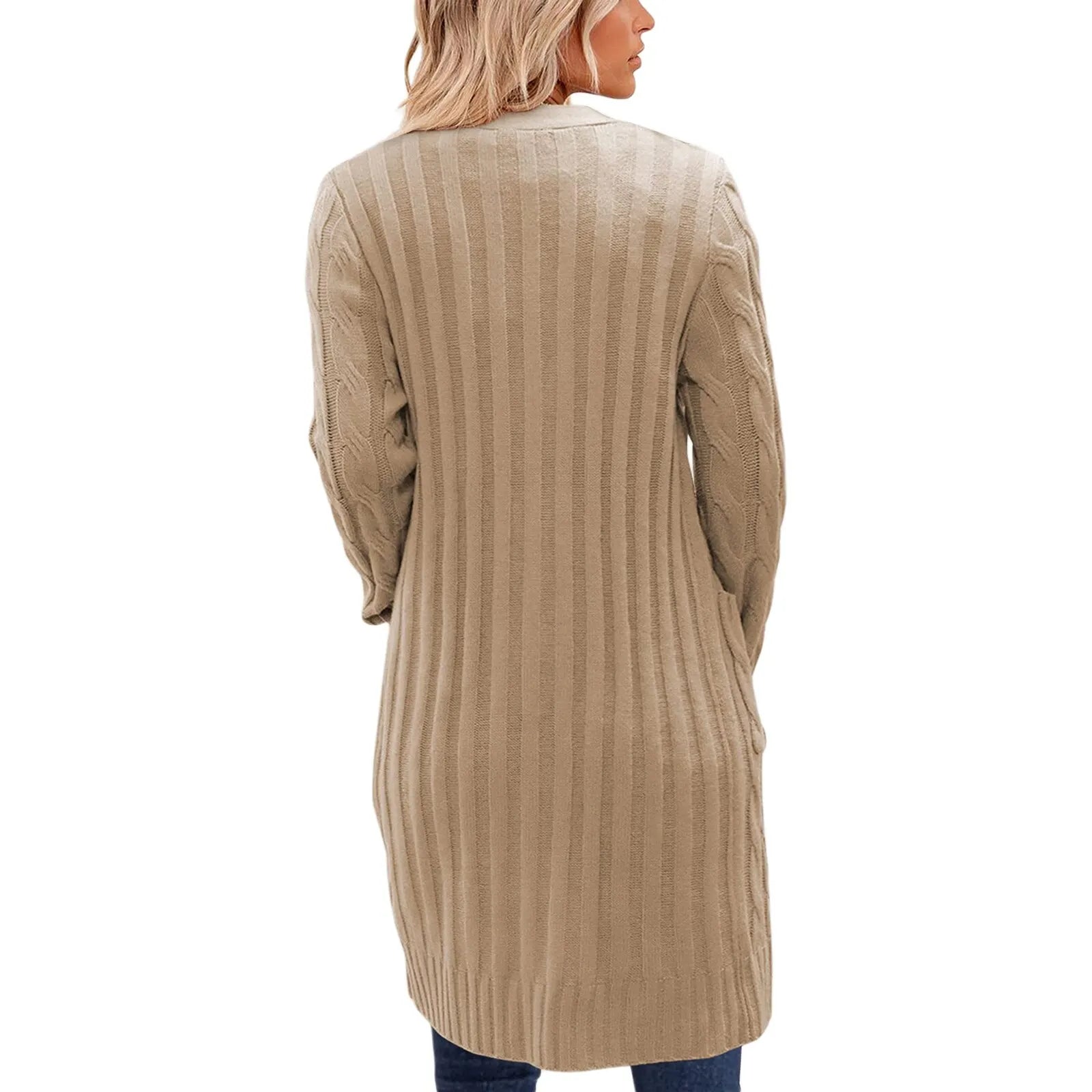 Female Cardigan Solid Color Long Sleeve Sweater Knitted Coat with Pockets for Spring Fall S M L