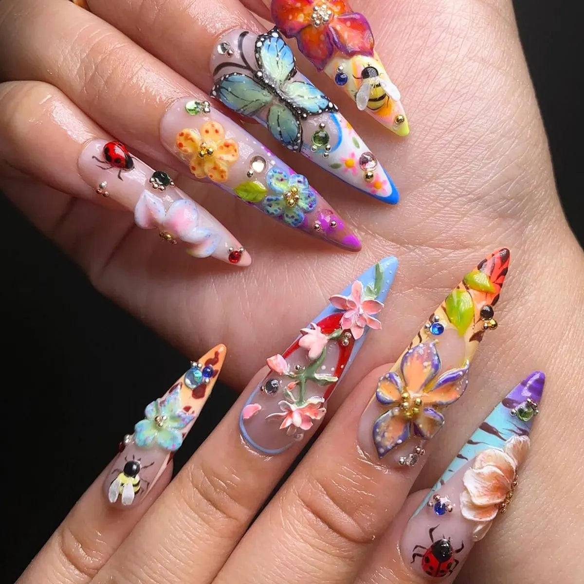 24pcs/set Medium fake nails for women girls 3D embossed flowers butterfly shell designs Summer almond tips press on false nail