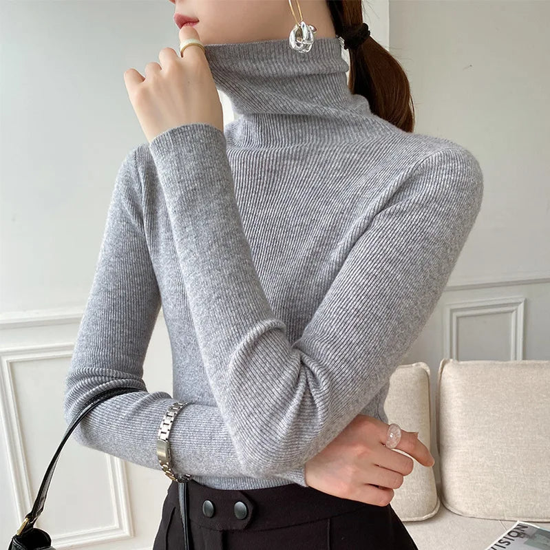 Women Sweater Winter Cashmere Turtleneck Warm Knitwear Korean Casual Solid Bottoming Shirt Fashion Knit Pullovers Brown Sweater Light Grey