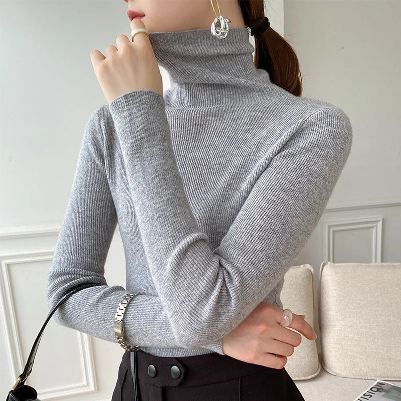 Women Sweater Winter Cashmere Turtleneck Warm Knitwear Korean Casual Solid Bottoming Shirt Fashion Knit Pullovers Brown Sweater Light Grey