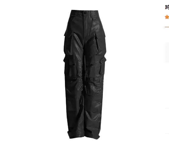 GetSpring Women Leather Pants Capris 2023 Autumn Multi Pockets High Waist Trousers Loose Casual All Match Long PU Cargo Pants black